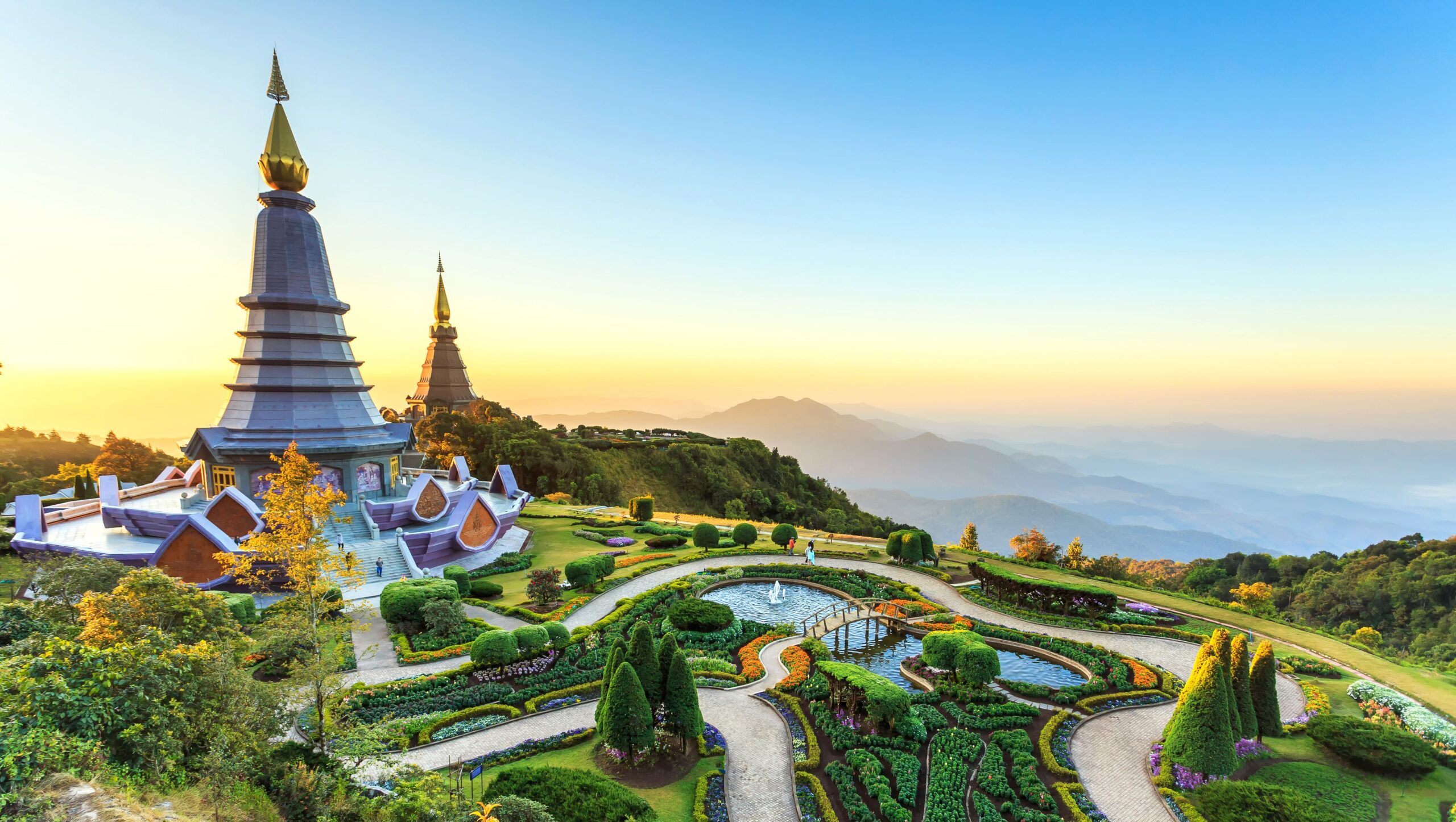 The twin royal chedis and their terraced gardens near the summit of Doi Inthanon